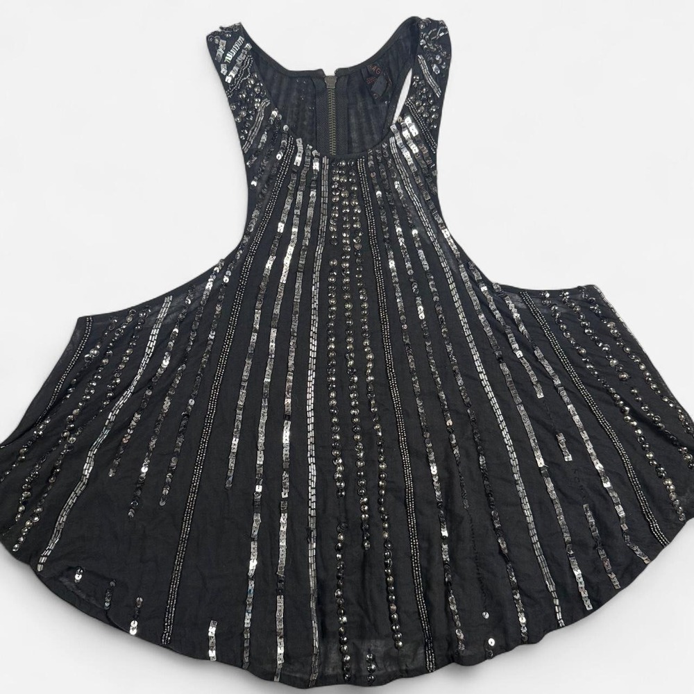 Raga Beaded Sequin Racerback Tank Top Black Silver Small RA1470 Boho